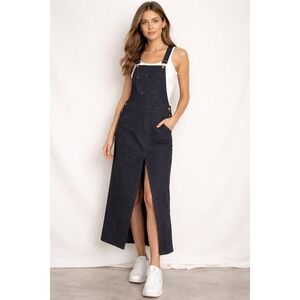 Frame Denim Blue Pinstripe Gerald Street Front Slit Overall Maxi Dress Womens S